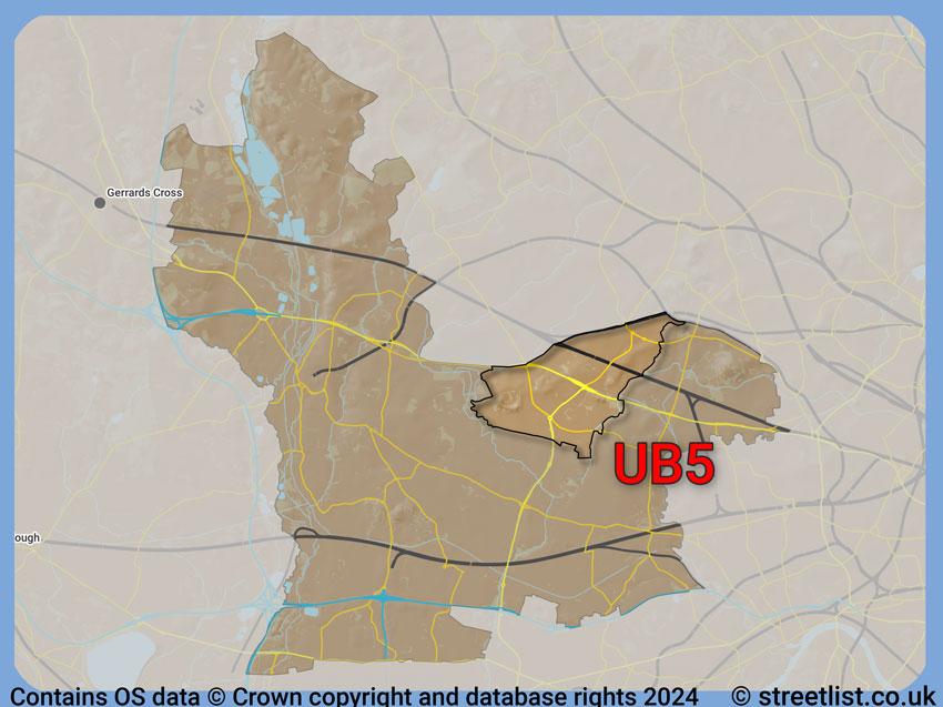 Where the UB5 postcode district lies within the wider  postcode area