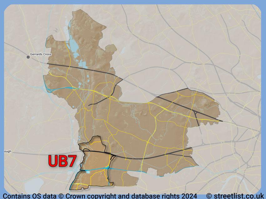 Where the UB7 postcode district lies within the wider  postcode area