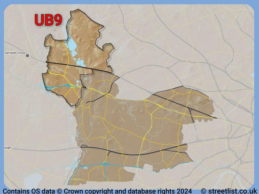 Where the UB9 postcode district lies within the wider  postcode area