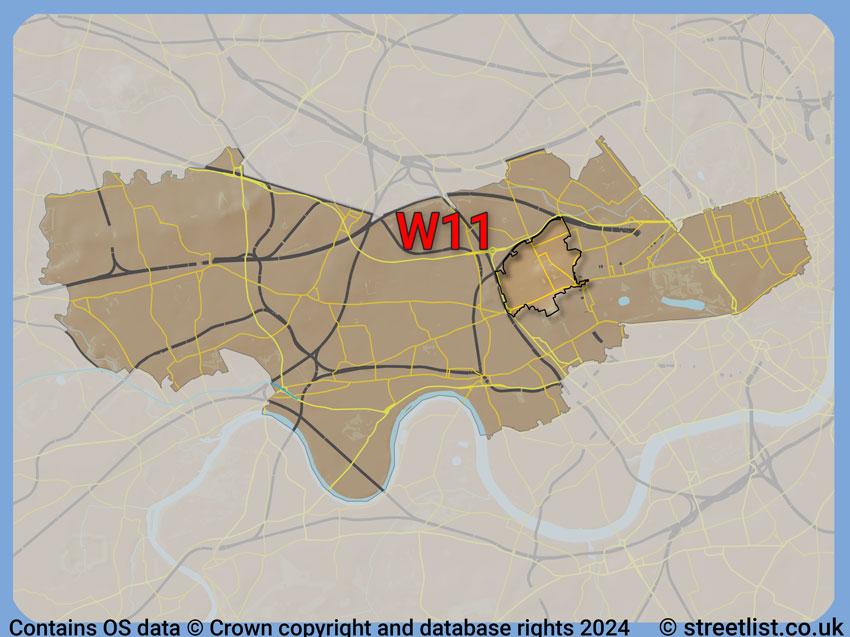 Where the W11 postcode district lies within the wider  postcode area