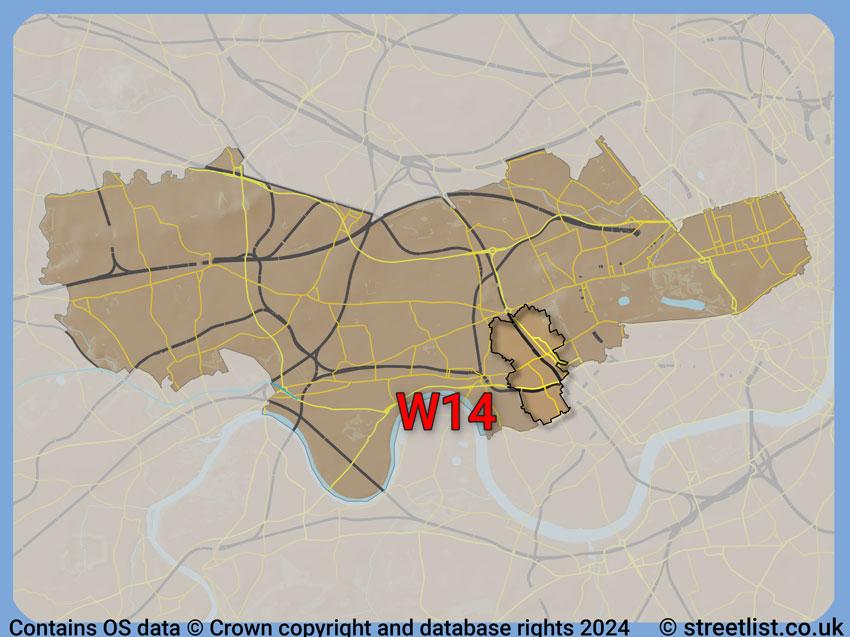 Where the W14 postcode district lies within the wider  postcode area