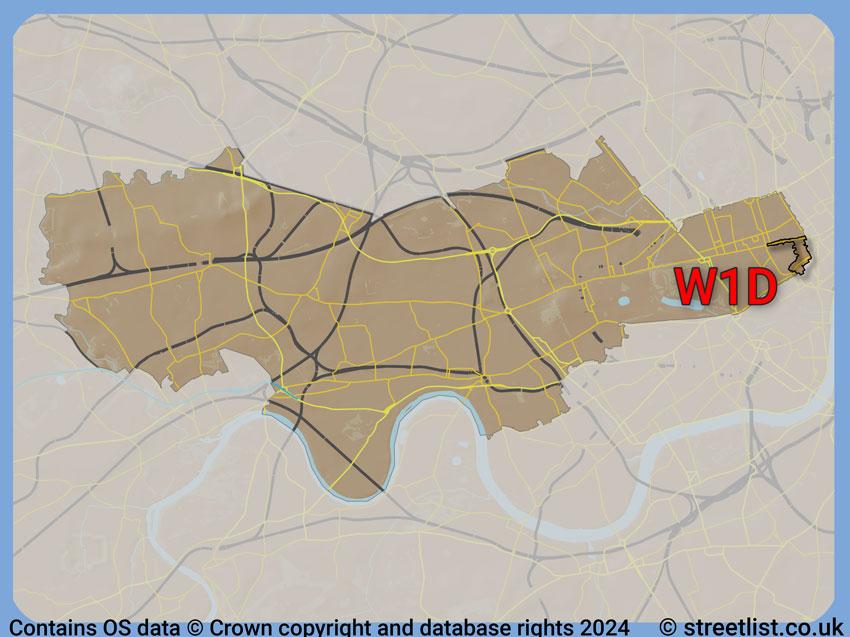 Where the W1D postcode district lies within the wider  postcode area