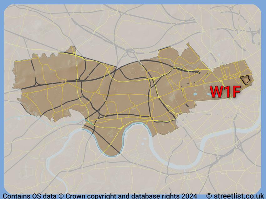 Where the W1F postcode district lies within the wider  postcode area