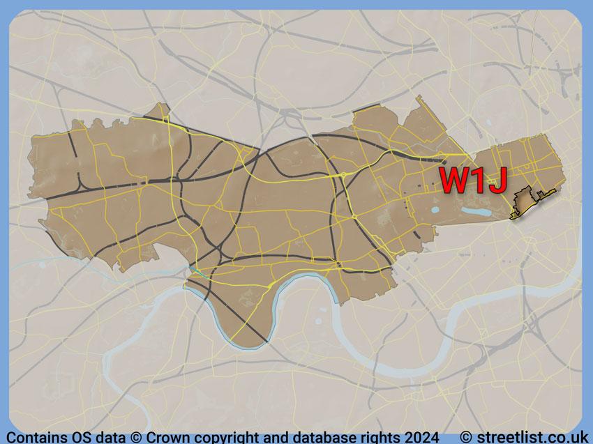 Where the W1J postcode district lies within the wider  postcode area