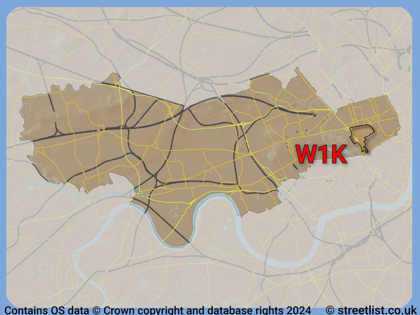 Where the W1K postcode district lies within the wider  postcode area