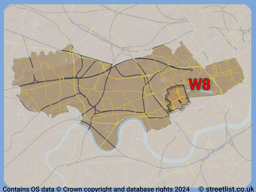 Where the W8 postcode district lies within the wider  postcode area