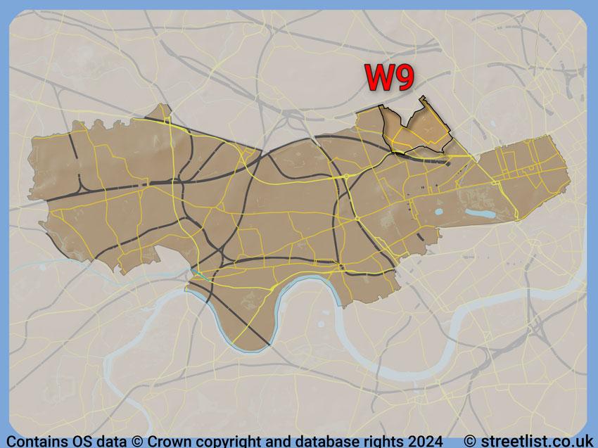 Where the W9 postcode district lies within the wider  postcode area