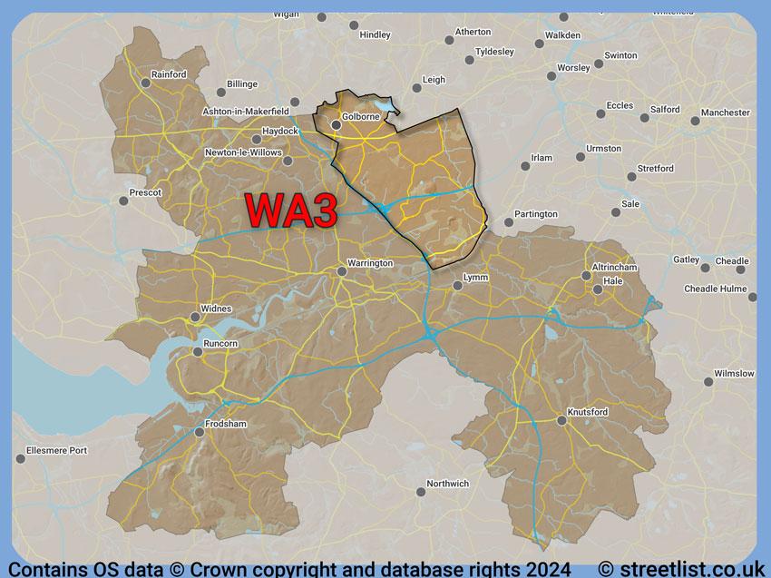 Where the WA3 postcode district lies within the wider  postcode area