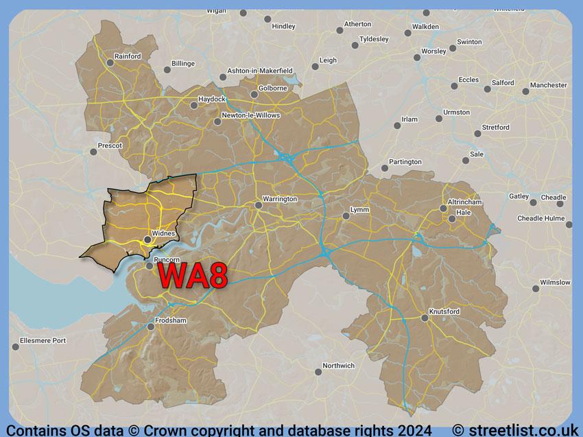 Where the WA8 postcode district lies within the wider  postcode area