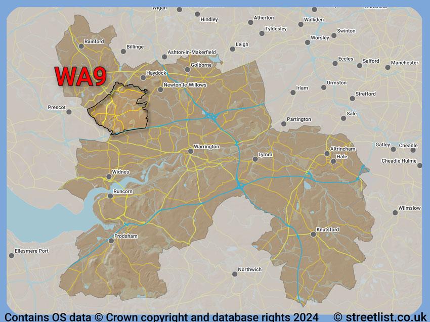 Where the WA9 postcode district lies within the wider  postcode area