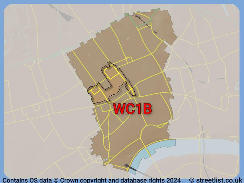 Where the WC1B postcode district lies within the wider  postcode area