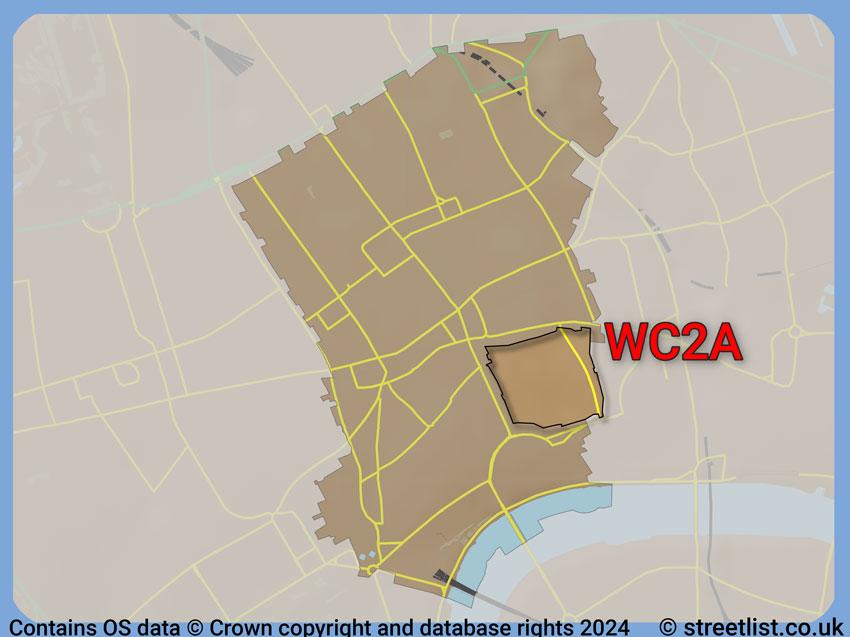 Where the WC2A postcode district lies within the wider  postcode area