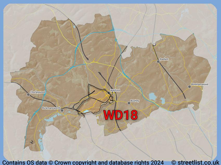 Where the WD18 postcode district lies within the wider  postcode area