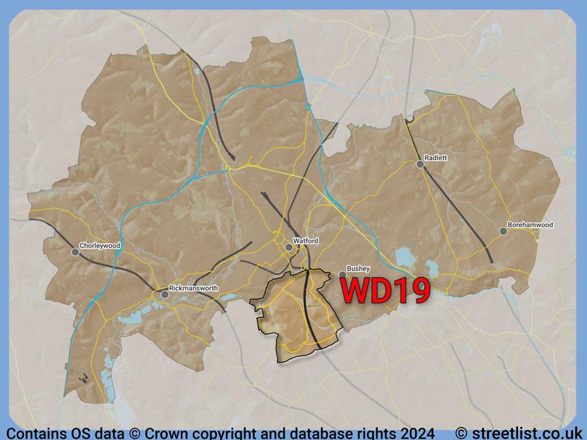 Where the WD19 postcode district lies within the wider  postcode area