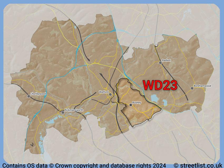 Where the WD23 postcode district lies within the wider  postcode area