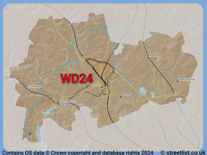 Where the WD24 postcode district lies within the wider  postcode area