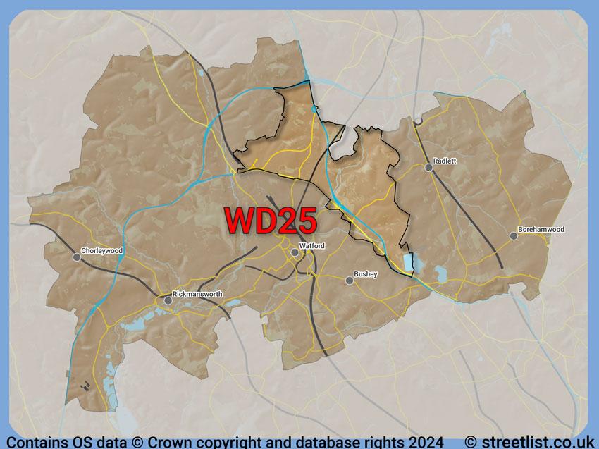 Where the WD25 postcode district lies within the wider  postcode area