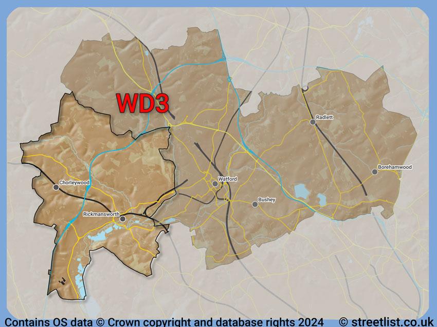 Where the WD3 postcode district lies within the wider  postcode area