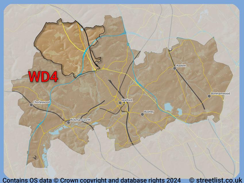 Where the WD4 postcode district lies within the wider  postcode area