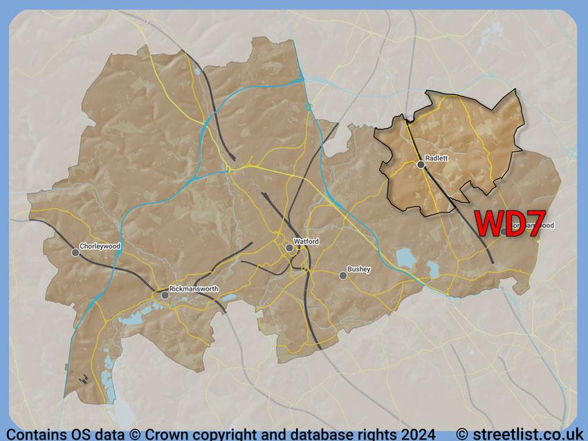 Where the WD7 postcode district lies within the wider  postcode area