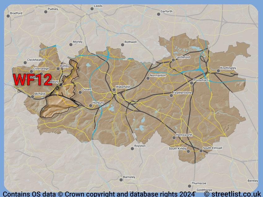 Where the WF12 postcode district lies within the wider  postcode area