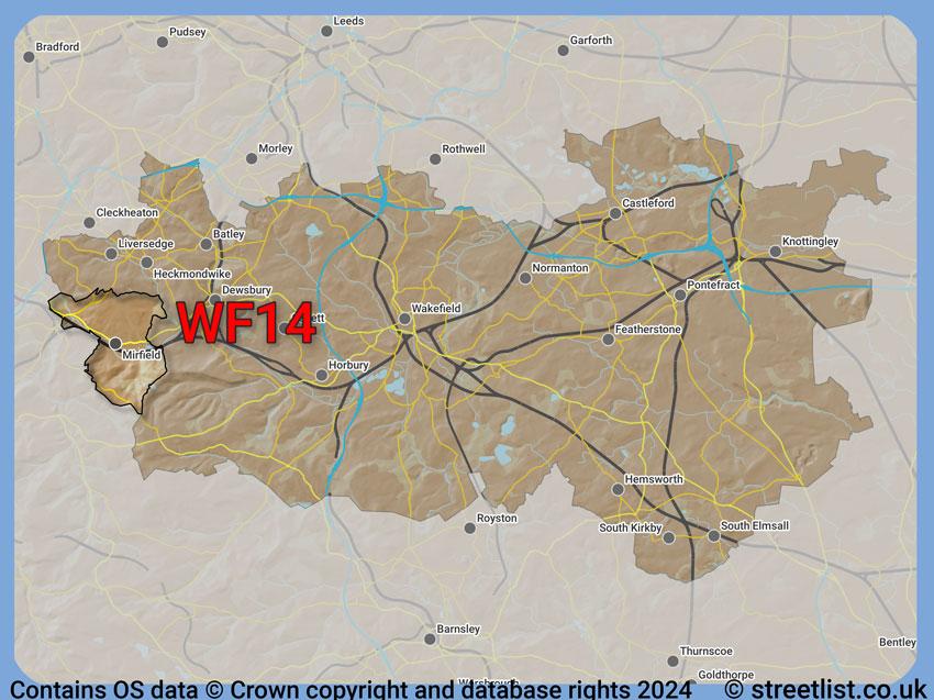 Where the WF14 postcode district lies within the wider  postcode area