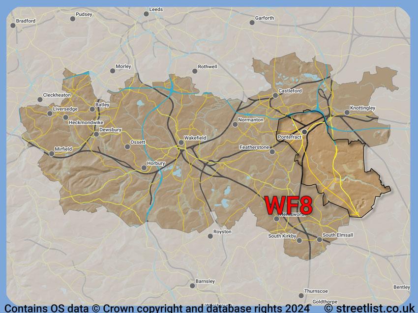 Where the WF8 postcode district lies within the wider  postcode area