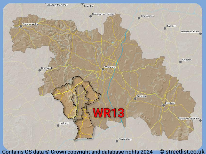 Where the WR13 postcode district lies within the wider  postcode area