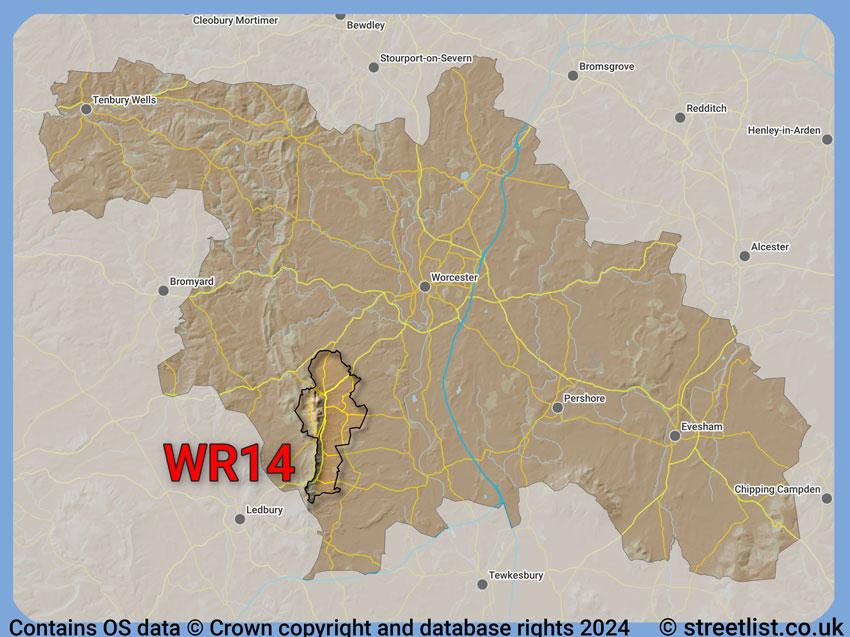 Where the WR14 postcode district lies within the wider  postcode area