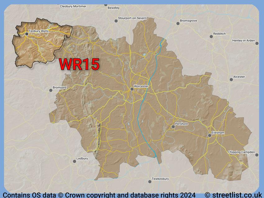 Where the WR15 postcode district lies within the wider  postcode area