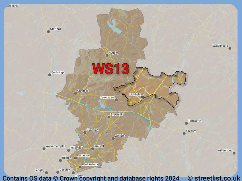 Where the WS13 postcode district lies within the wider  postcode area