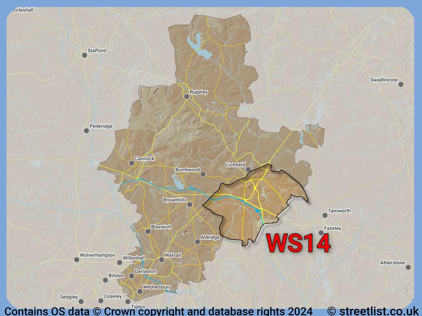 Where the WS14 postcode district lies within the wider  postcode area