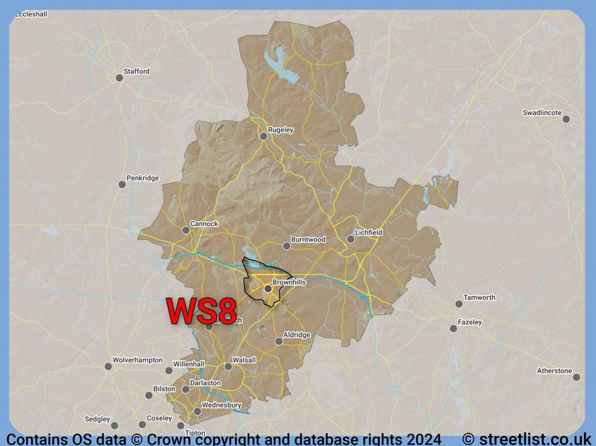 Where the WS8 postcode district lies within the wider  postcode area