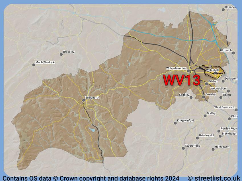 Where the WV13 postcode district lies within the wider  postcode area