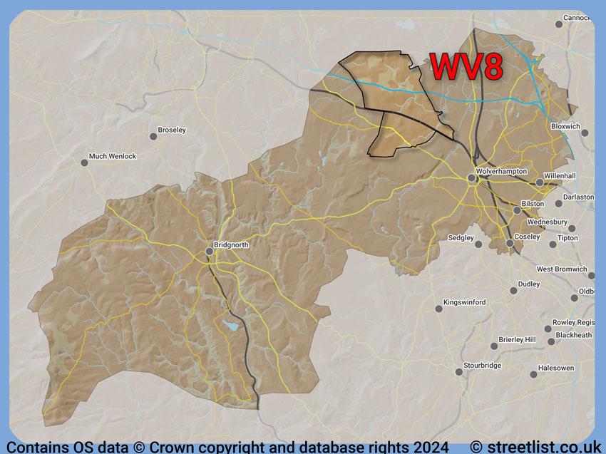 Where the WV8 postcode district lies within the wider  postcode area