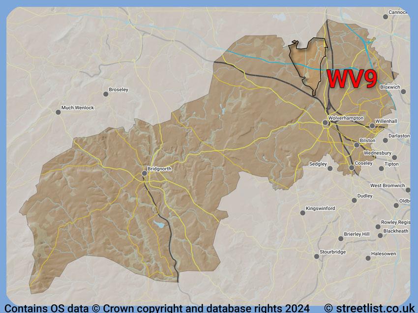 Where the WV9 postcode district lies within the wider  postcode area