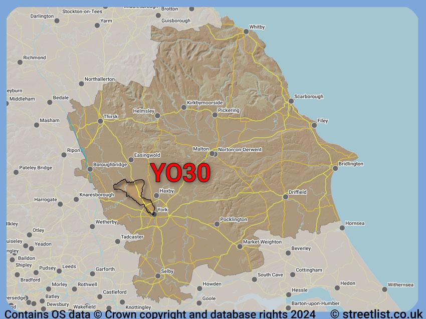 Where the YO30 postcode district lies within the wider  postcode area