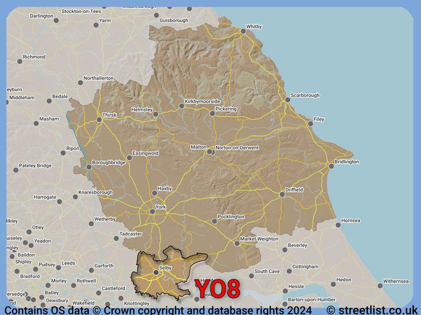 Where the YO8 postcode district lies within the wider  postcode area