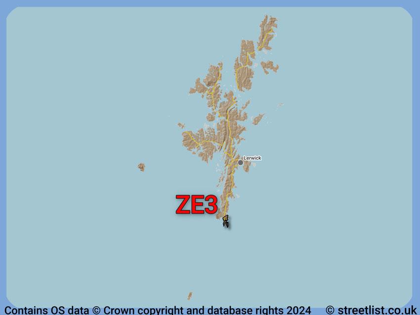 Where the ZE3 postcode district lies within the wider  postcode area