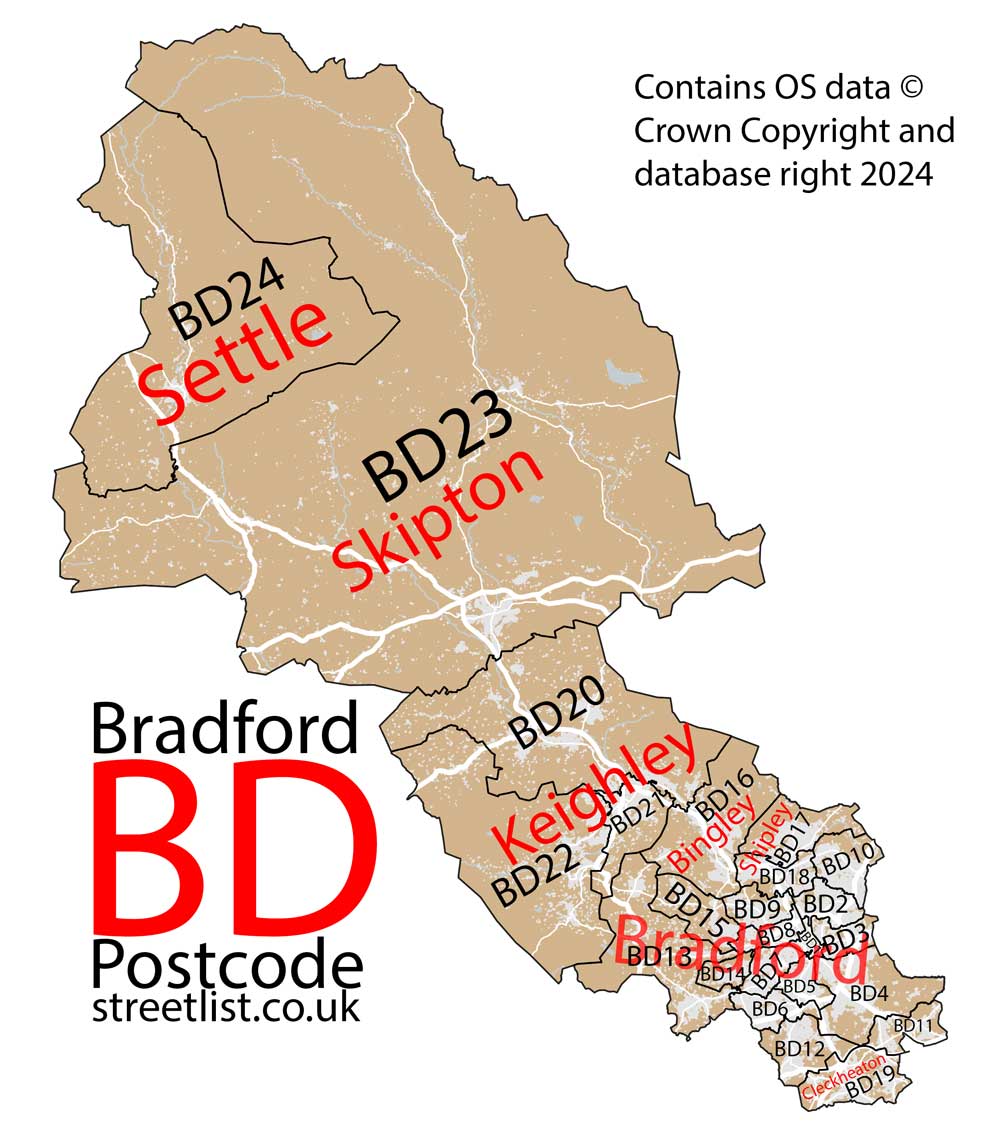 Detailed map of BD Bradford Postcode Area