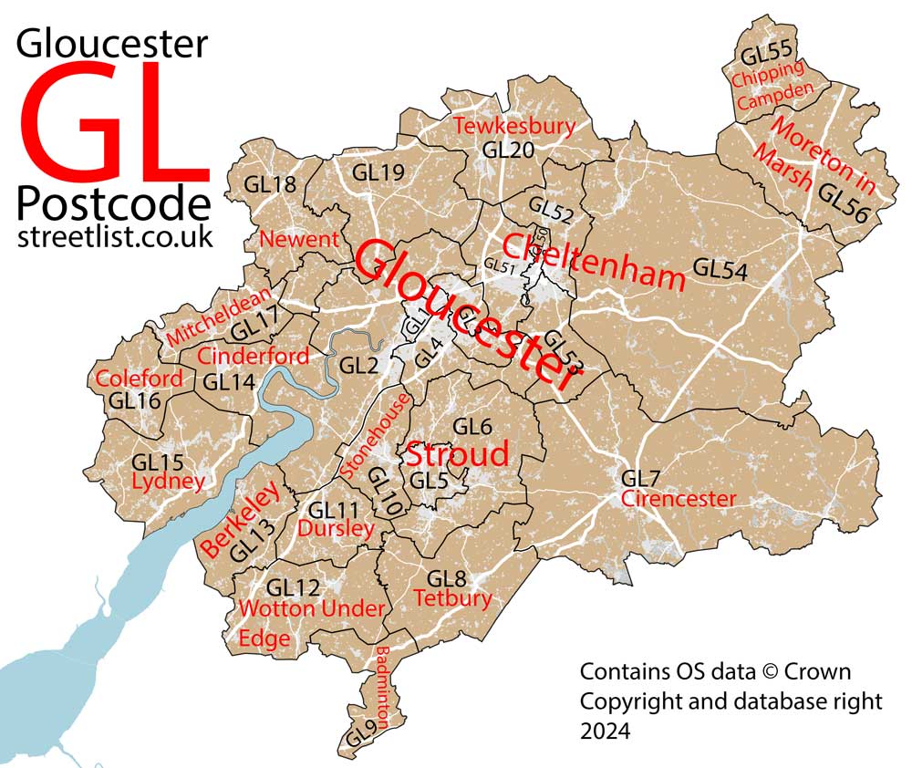 Detailed map of GL Gloucester Postcode Area