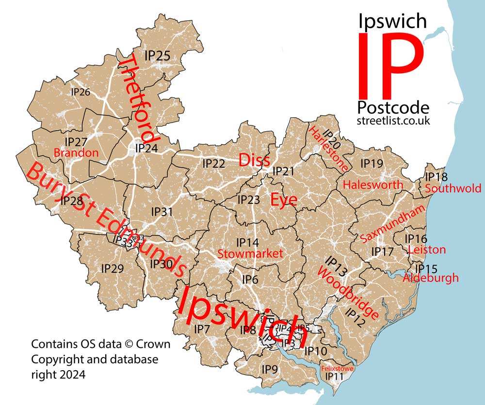 Detailed map of IP Ipswich Postcode Area