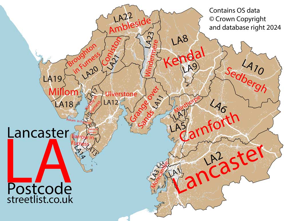 Detailed map of LA Lancaster Postcode Area