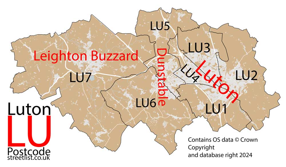 Detailed map of the LU Postcode Area