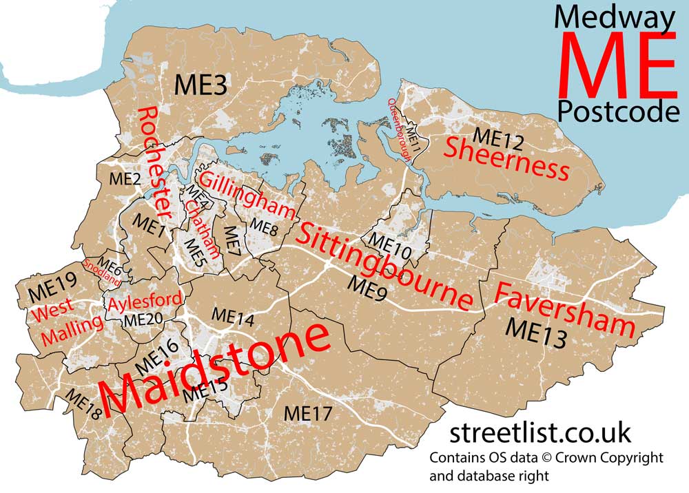 Detailed map of ME Medway Rochester Postcode Area