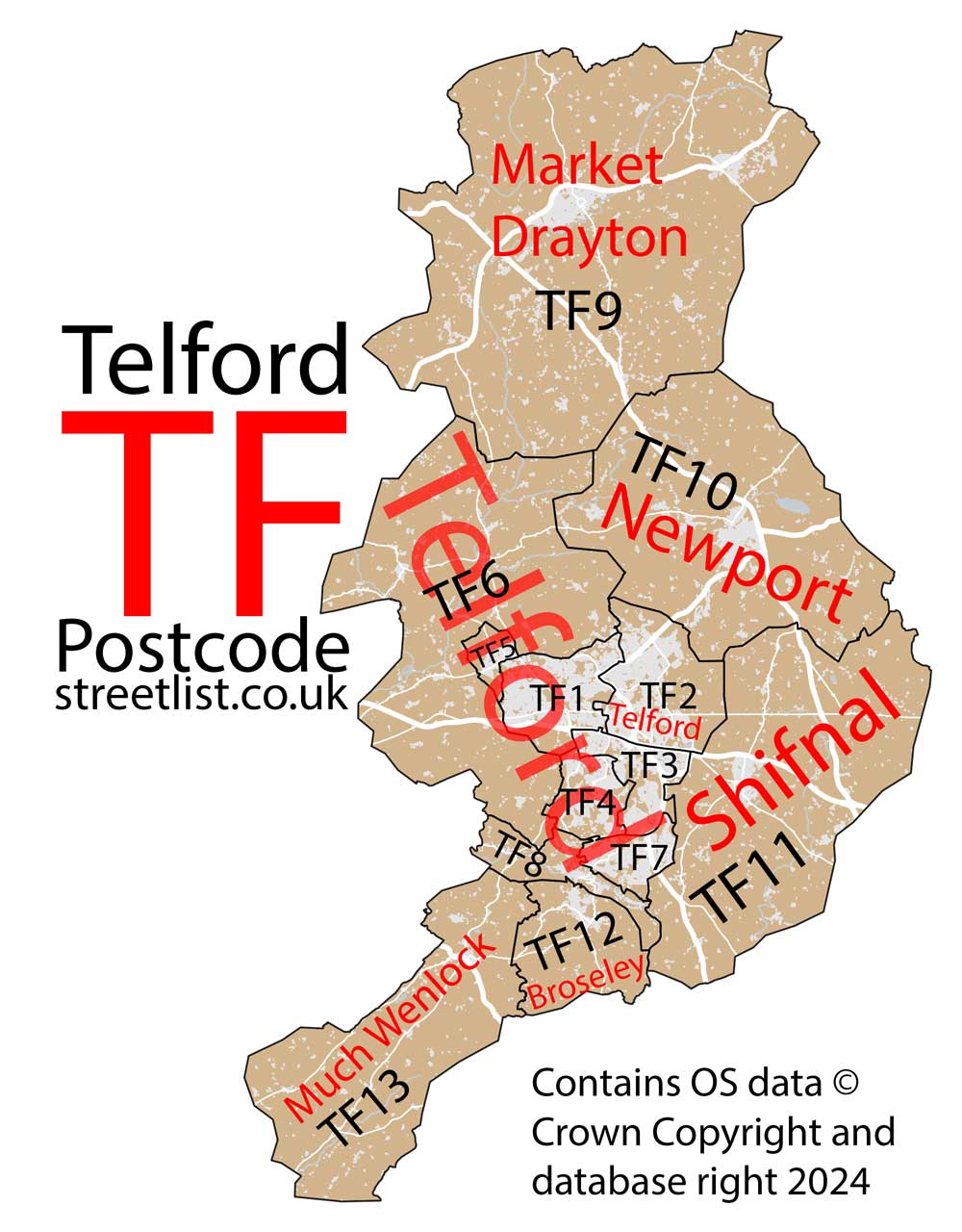 Detailed map of TF Telford Postcode Area