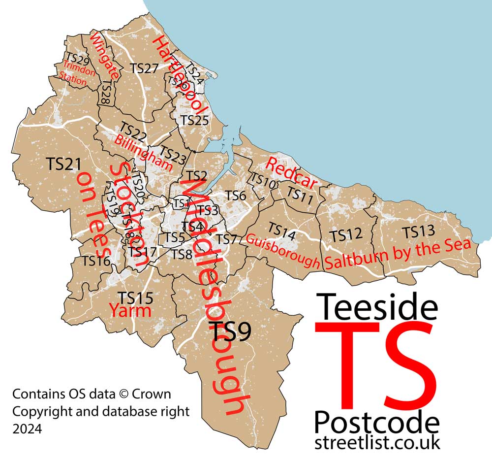 Detailed map of TS Teeside Postcode Area