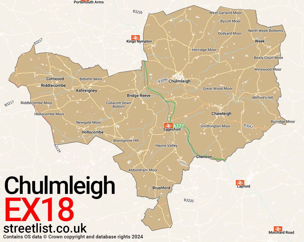 Map of the EX18 postcode