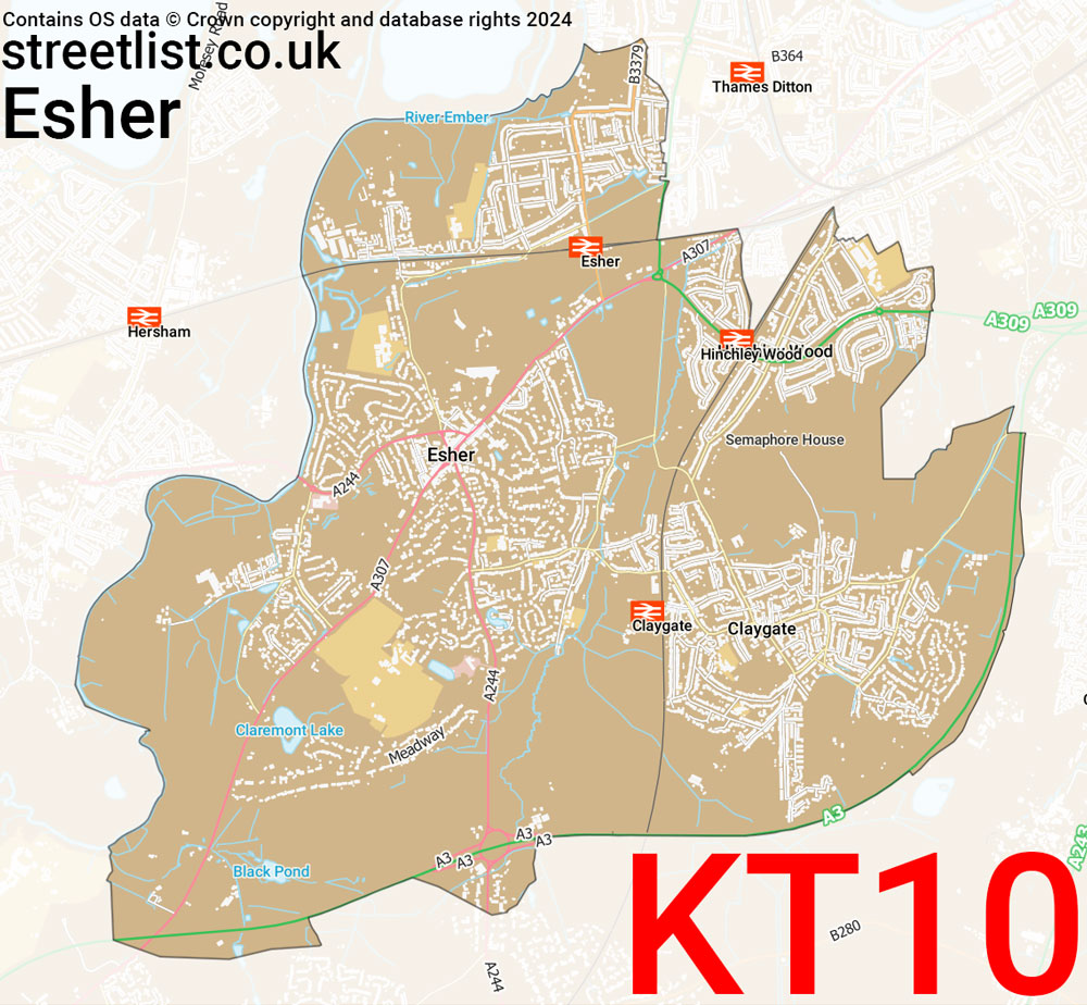 Map of the KT10 postcode