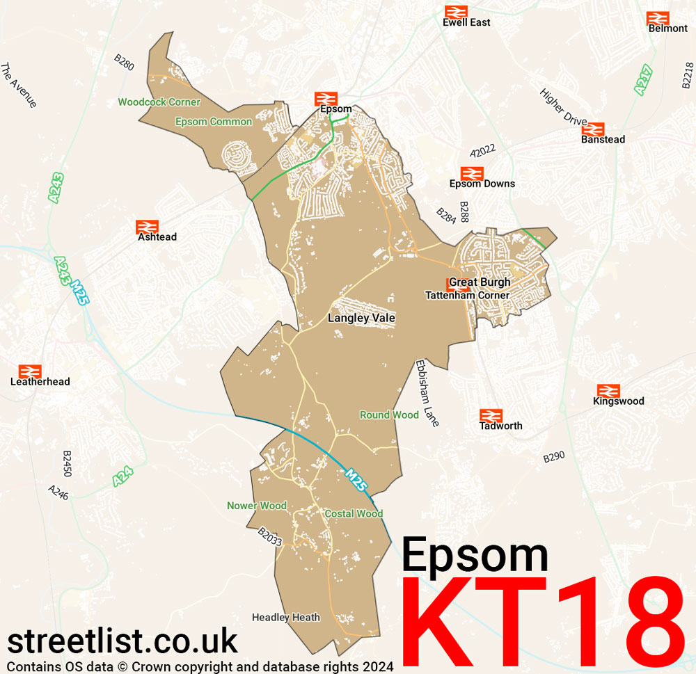 Map of the KT18 postcode